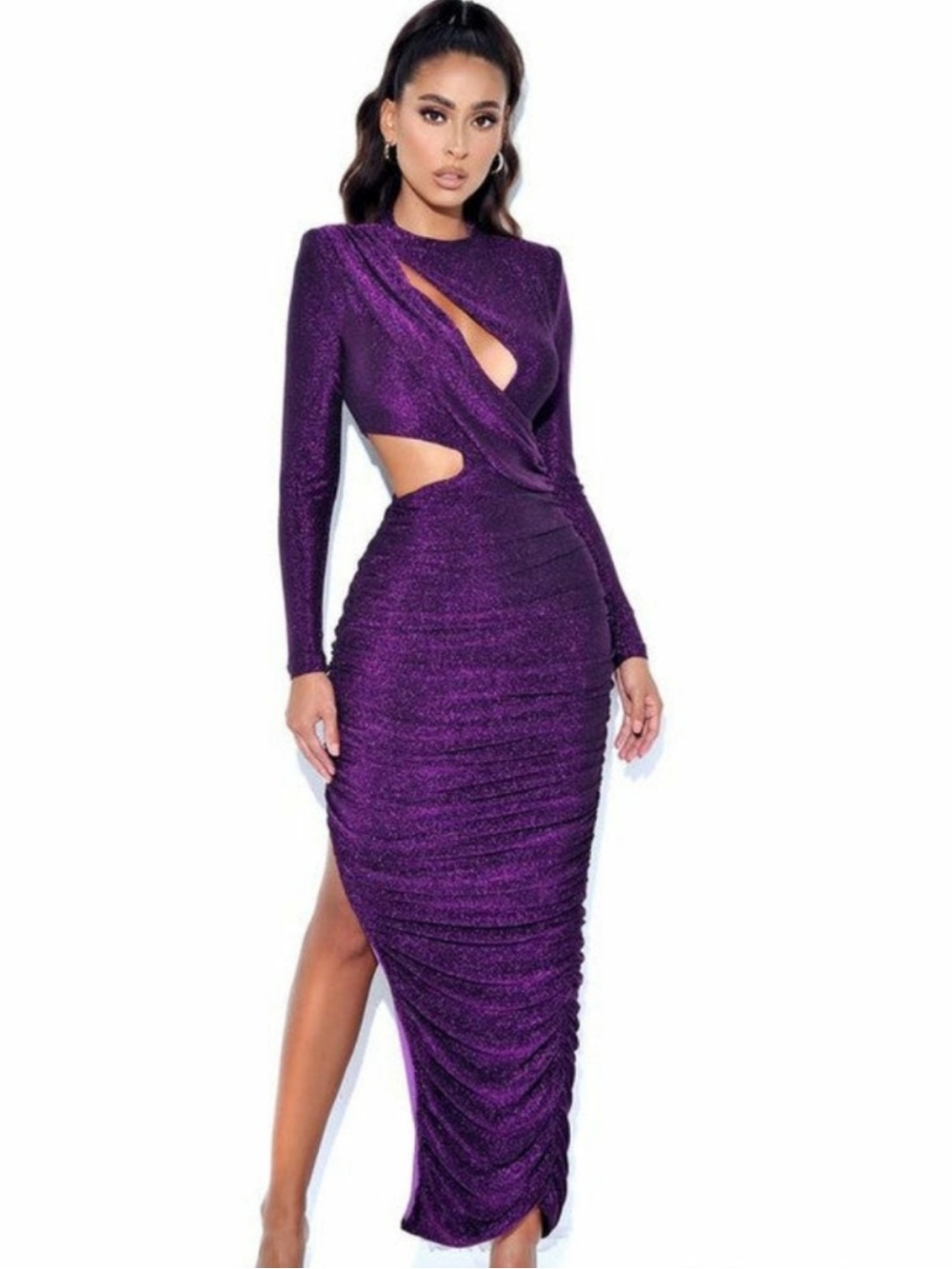 Sculpting Purple Cutout Ruched Long-Sleeve Midi Dress